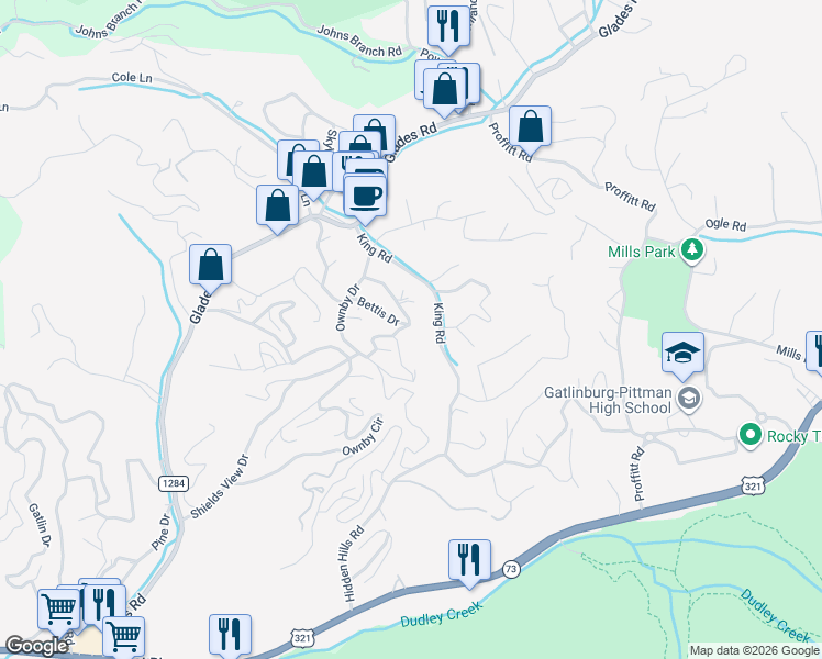 map of restaurants, bars, coffee shops, grocery stores, and more near 656 Ownby Drive in Gatlinburg