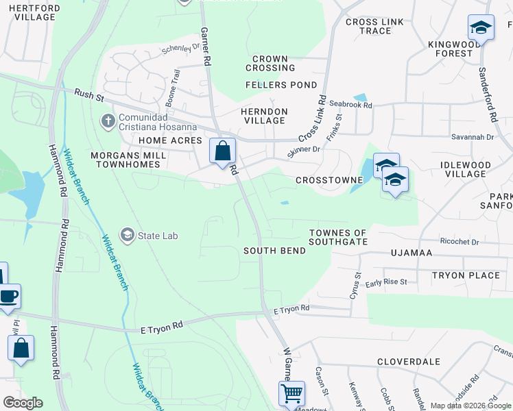 map of restaurants, bars, coffee shops, grocery stores, and more near 3228 Garner Road in Raleigh