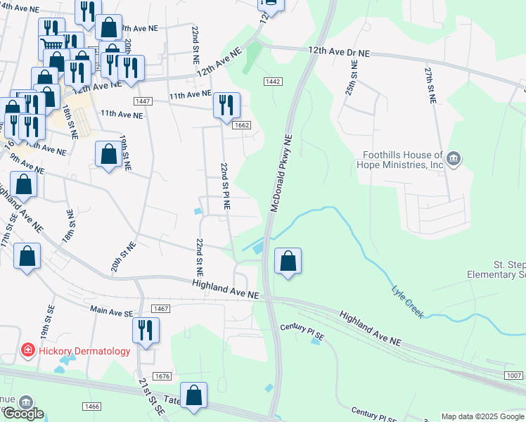 map of restaurants, bars, coffee shops, grocery stores, and more near McDonald Parkway Northeast in Hickory
