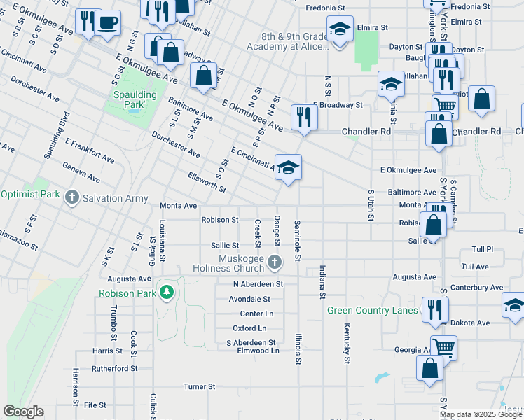 map of restaurants, bars, coffee shops, grocery stores, and more near 803 Creek Street in Muskogee