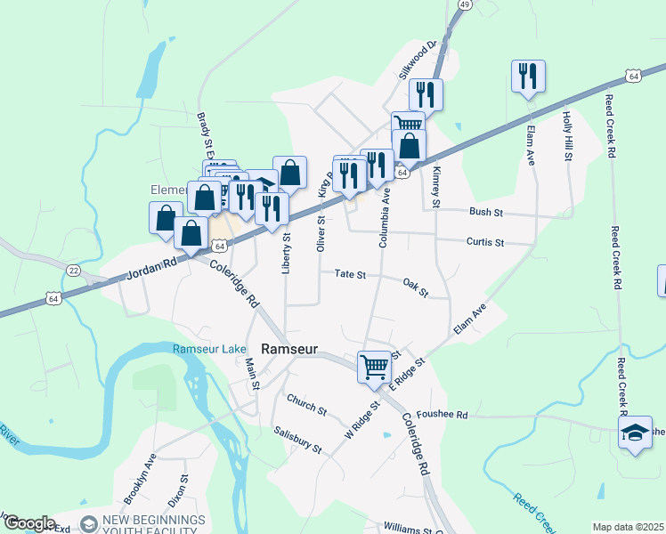 map of restaurants, bars, coffee shops, grocery stores, and more near 576 Tate Street in Ramseur
