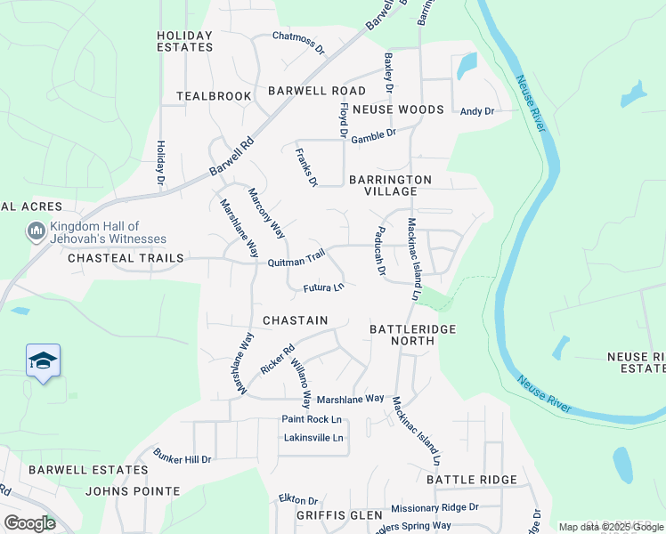 map of restaurants, bars, coffee shops, grocery stores, and more near 3557 Futura Lane in Raleigh