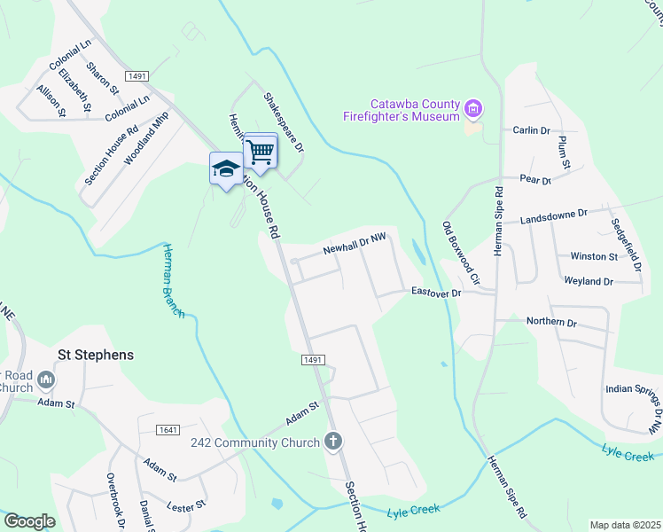 map of restaurants, bars, coffee shops, grocery stores, and more near 1565 Oak Leaf Drive Northwest in Hickory
