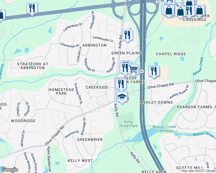 map of restaurants, bars, coffee shops, grocery stores, and more near 5001 Sunny Creek Lane in Apex