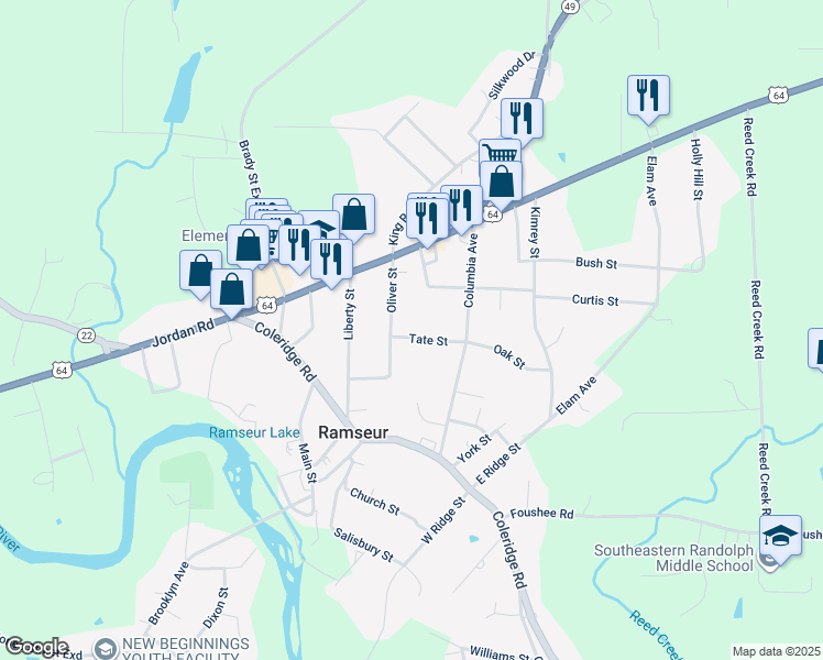 map of restaurants, bars, coffee shops, grocery stores, and more near 576 Tate Street in Ramseur