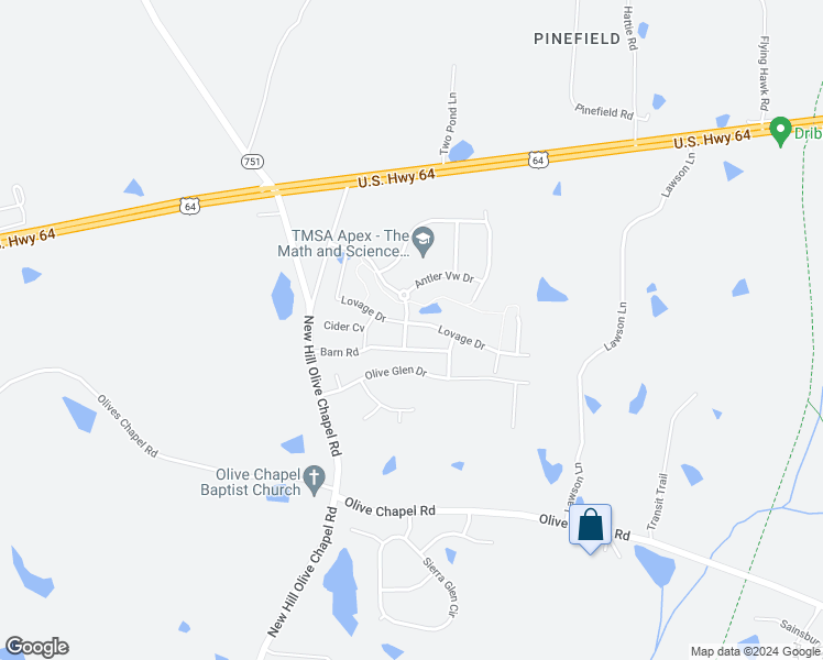 map of restaurants, bars, coffee shops, grocery stores, and more near 3457 Lovage Drive in Apex