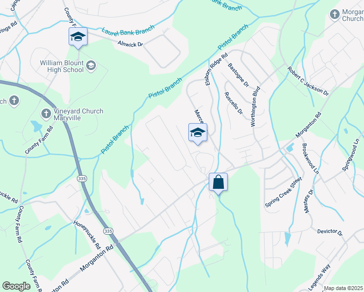 map of restaurants, bars, coffee shops, grocery stores, and more near 1011 Level Drive in Maryville