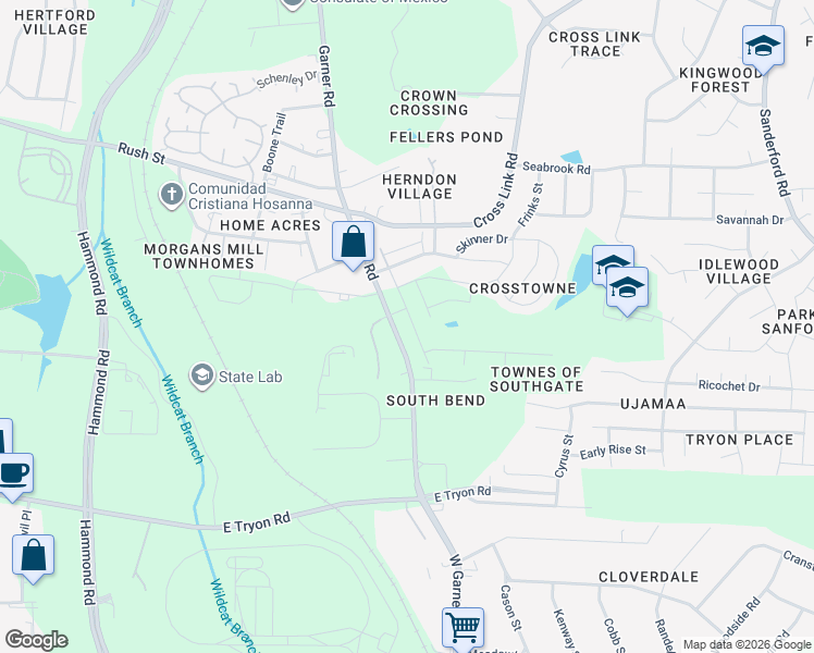 map of restaurants, bars, coffee shops, grocery stores, and more near 3228 Garner Road in Raleigh