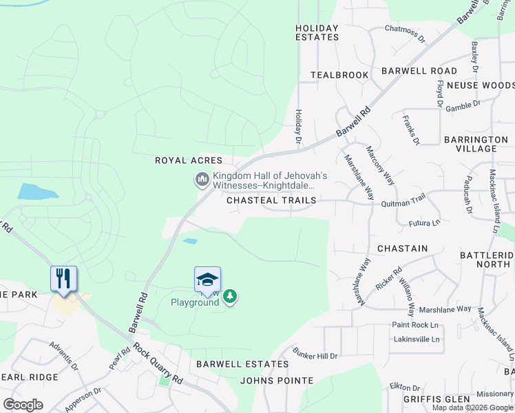 map of restaurants, bars, coffee shops, grocery stores, and more near 5153 Chasteal Trail in Raleigh