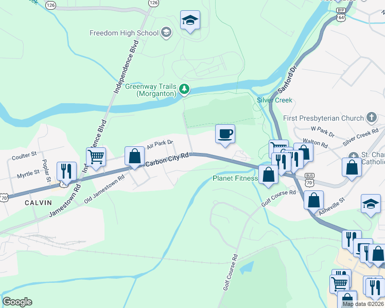 map of restaurants, bars, coffee shops, grocery stores, and more near 202 Carbon City Road in Morganton