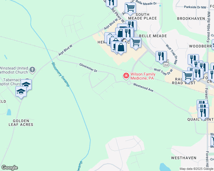 map of restaurants, bars, coffee shops, grocery stores, and more near 2406 Westwood Avenue West in Wilson