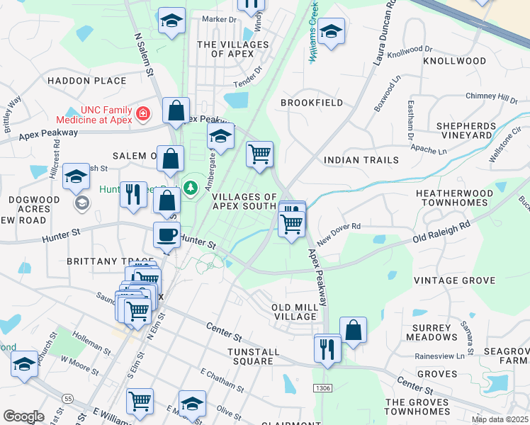 map of restaurants, bars, coffee shops, grocery stores, and more near 907 Laura Duncan Road in Apex
