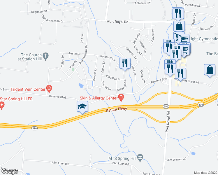 map of restaurants, bars, coffee shops, grocery stores, and more near 1008 Daniel Lane in Spring Hill