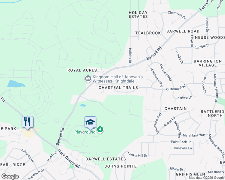 map of restaurants, bars, coffee shops, grocery stores, and more near 5153 Chasteal Trail in Raleigh