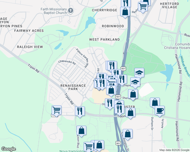 map of restaurants, bars, coffee shops, grocery stores, and more near 1117 Ileagnes Road in Raleigh