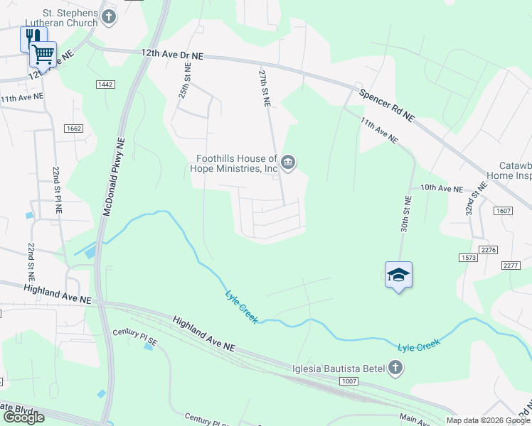 map of restaurants, bars, coffee shops, grocery stores, and more near 1005 27th Street Northeast in Hickory