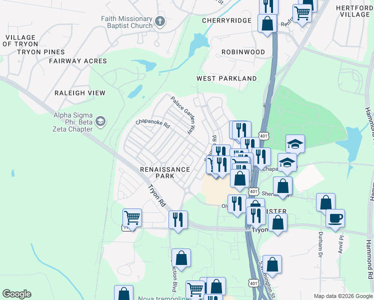 map of restaurants, bars, coffee shops, grocery stores, and more near 1308 Palace Garden Way in Raleigh