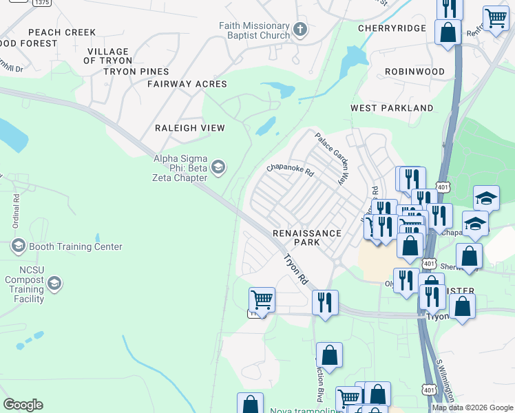 map of restaurants, bars, coffee shops, grocery stores, and more near 3841 Olympia Drive in Raleigh