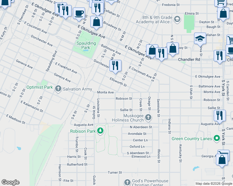 map of restaurants, bars, coffee shops, grocery stores, and more near 1420 Frankfort Street in Muskogee