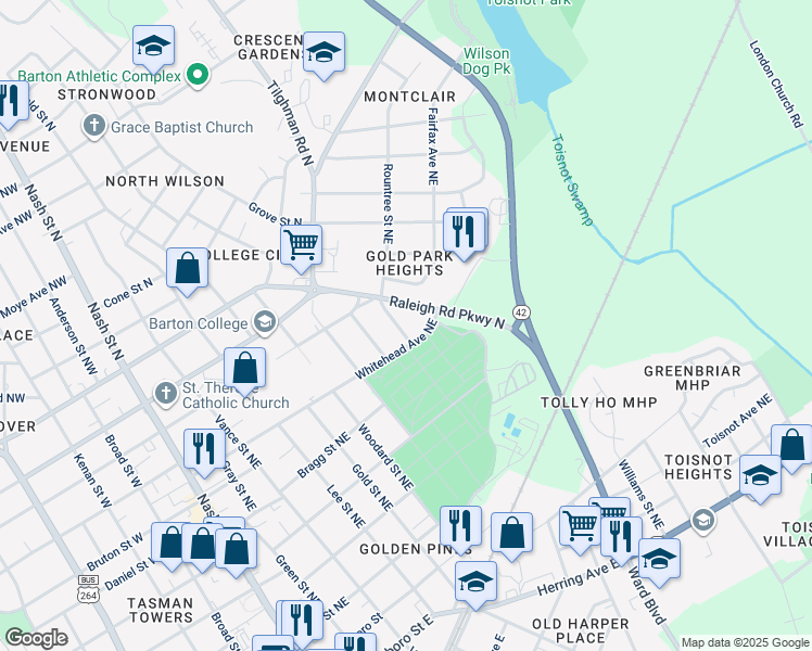 map of restaurants, bars, coffee shops, grocery stores, and more near 604 Caldwell Avenue Northeast in Wilson