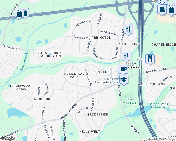 map of restaurants, bars, coffee shops, grocery stores, and more near 301 Evening Star Drive in Apex