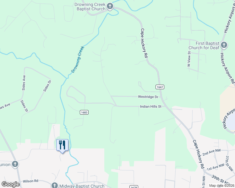 map of restaurants, bars, coffee shops, grocery stores, and more near 9389 Westridge Drive in Hickory