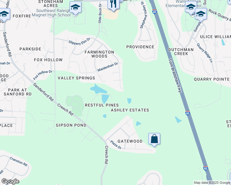 map of restaurants, bars, coffee shops, grocery stores, and more near 3004 Colson Drive in Garner