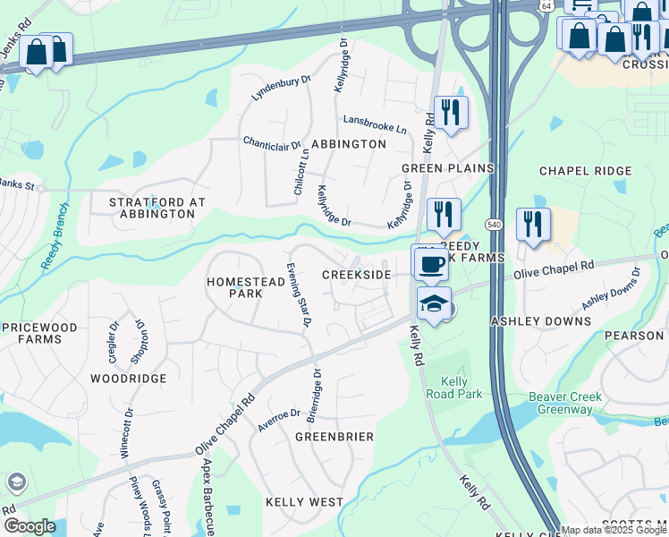 map of restaurants, bars, coffee shops, grocery stores, and more near 411 Evening Star Drive in Apex