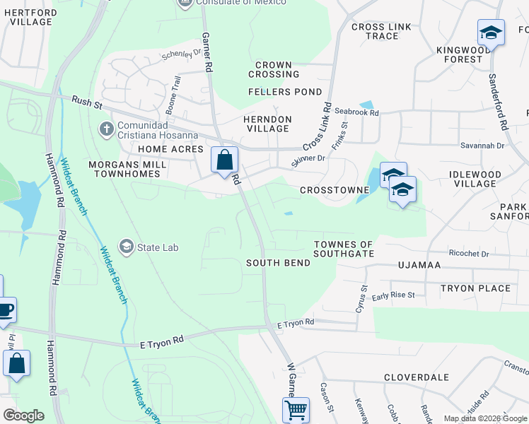 map of restaurants, bars, coffee shops, grocery stores, and more near 3115 Garner Road in Raleigh
