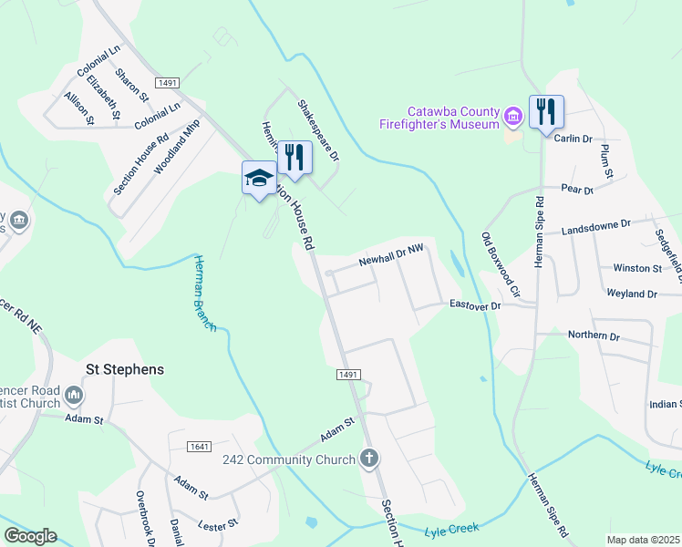 map of restaurants, bars, coffee shops, grocery stores, and more near 3966 Newhall Drive Northwest in Hickory