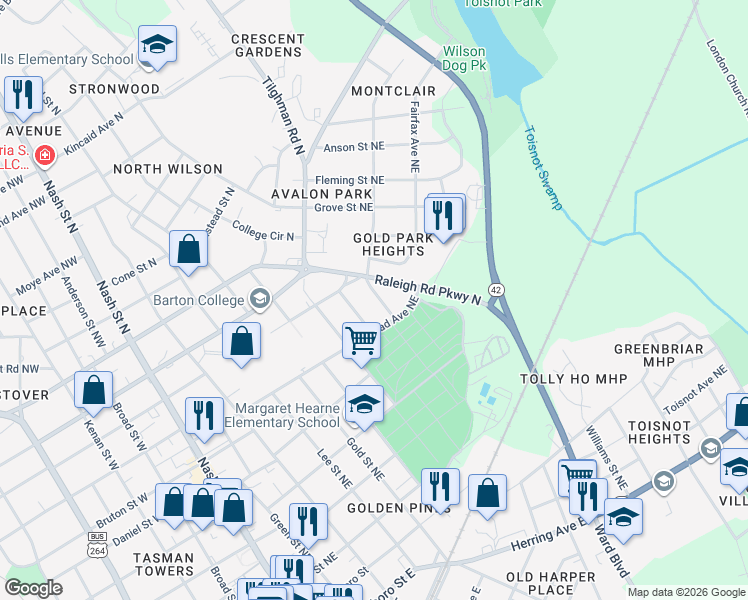 map of restaurants, bars, coffee shops, grocery stores, and more near 616-698 Caldwell Avenue Northeast in Wilson