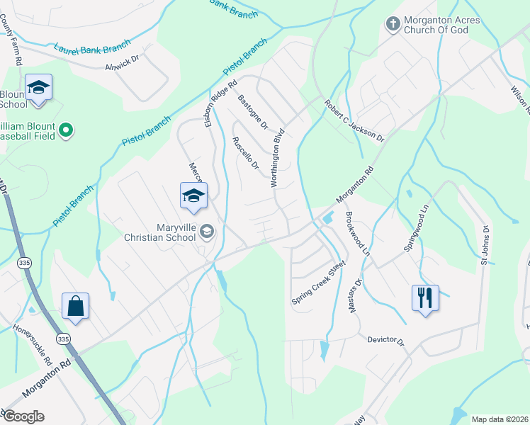 map of restaurants, bars, coffee shops, grocery stores, and more near 2425 Hallerins Court in Maryville