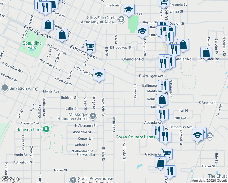 map of restaurants, bars, coffee shops, grocery stores, and more near 2000 Monta Avenue in Muskogee