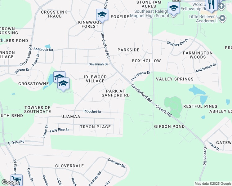 map of restaurants, bars, coffee shops, grocery stores, and more near 1600 Woodfox Court in Raleigh