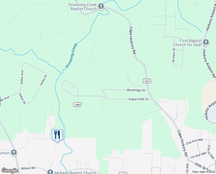 map of restaurants, bars, coffee shops, grocery stores, and more near 9389 Westridge Drive in Hickory