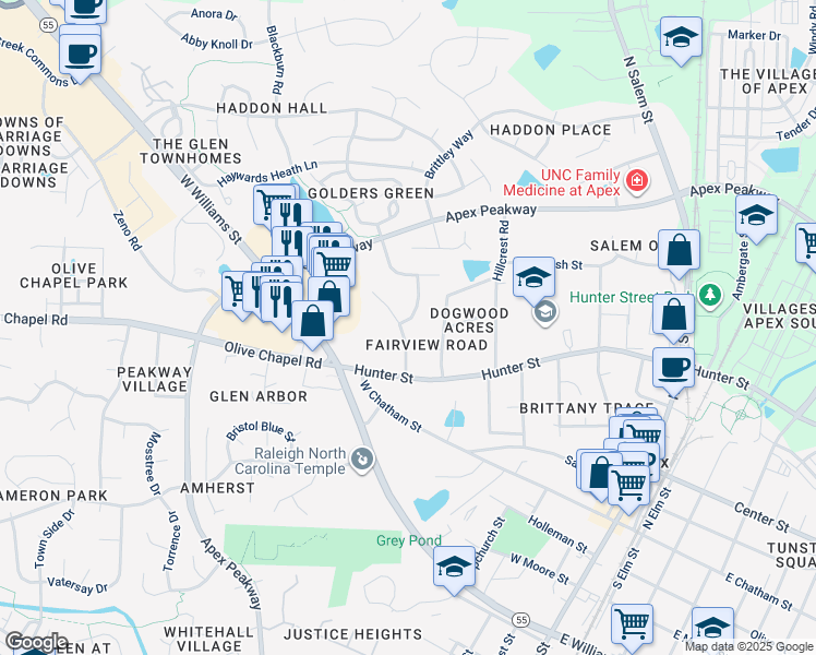 map of restaurants, bars, coffee shops, grocery stores, and more near 410 Gablefield Lane in Apex