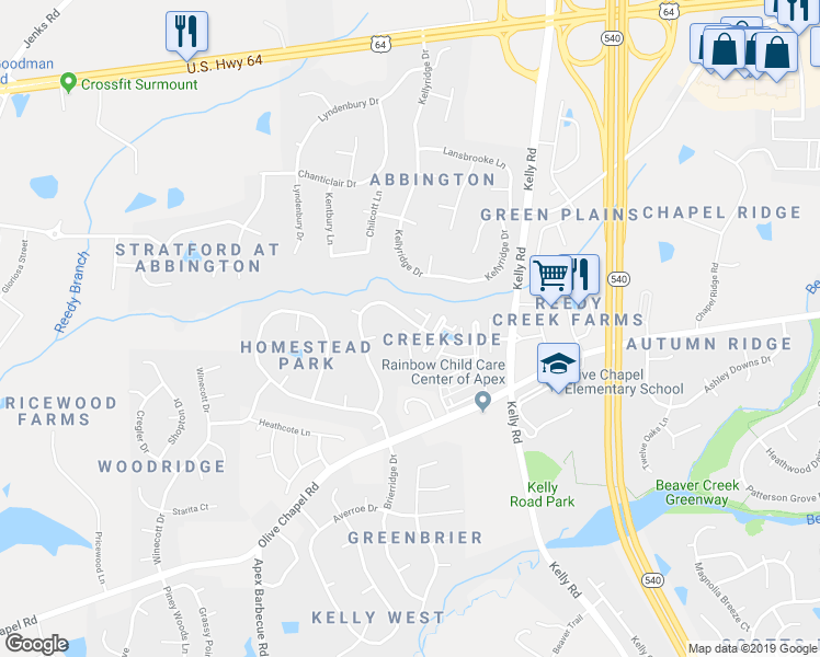 map of restaurants, bars, coffee shops, grocery stores, and more near 407 Evening Star Drive in Apex
