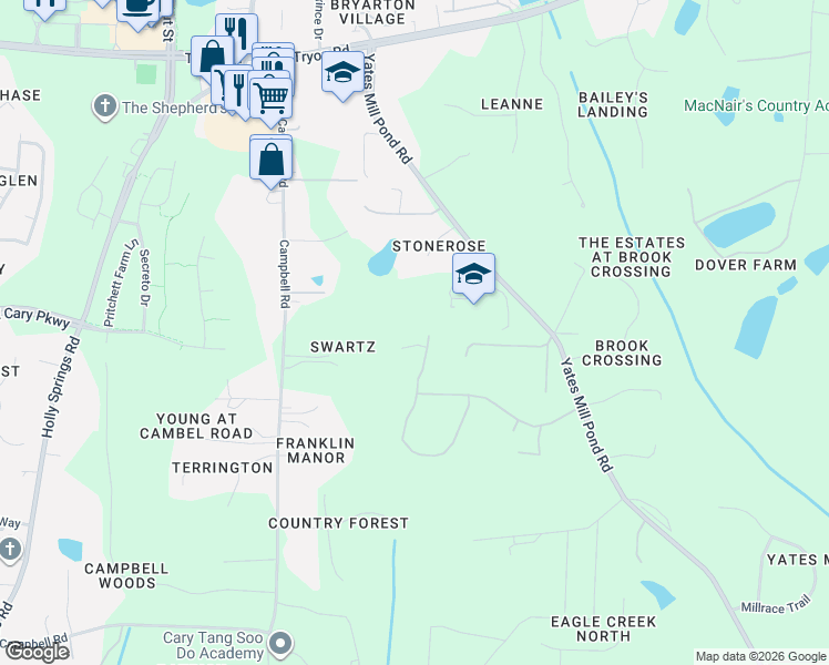 map of restaurants, bars, coffee shops, grocery stores, and more near 1601 Yates Wheel Way in Raleigh