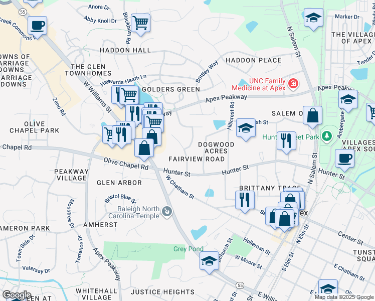map of restaurants, bars, coffee shops, grocery stores, and more near 410 Gablefield Lane in Apex