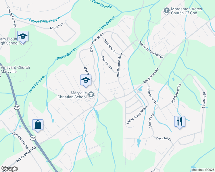 map of restaurants, bars, coffee shops, grocery stores, and more near 2450 Hallerins Court in Maryville