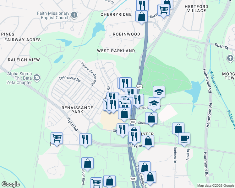 map of restaurants, bars, coffee shops, grocery stores, and more near 1120 Renewal Place in Raleigh