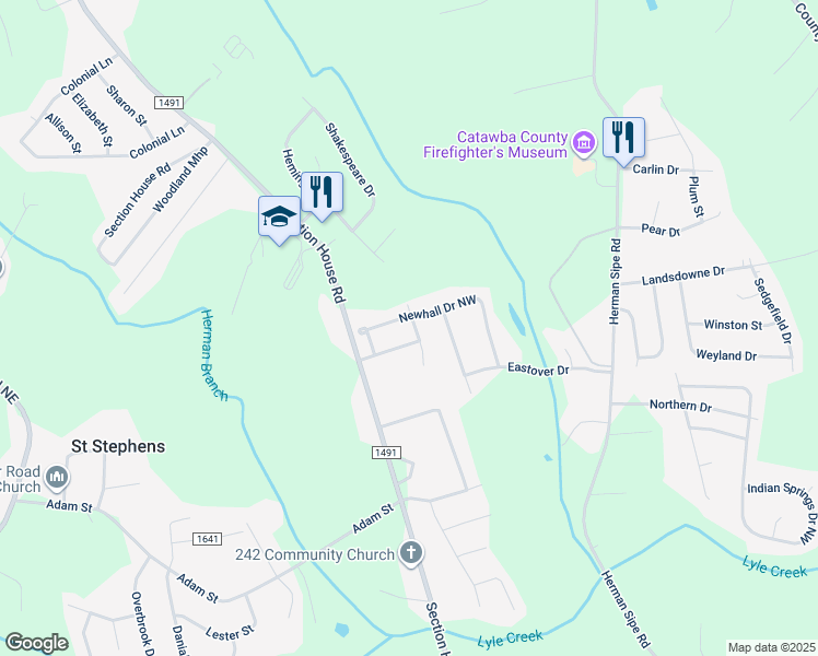 map of restaurants, bars, coffee shops, grocery stores, and more near 3922 Newhall Drive Northwest in Hickory