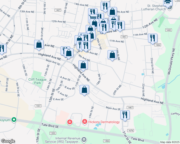 map of restaurants, bars, coffee shops, grocery stores, and more near 814 17th Street Northeast in Hickory