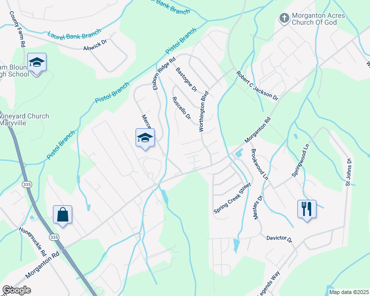 map of restaurants, bars, coffee shops, grocery stores, and more near 2425 Hallerins Court in Maryville