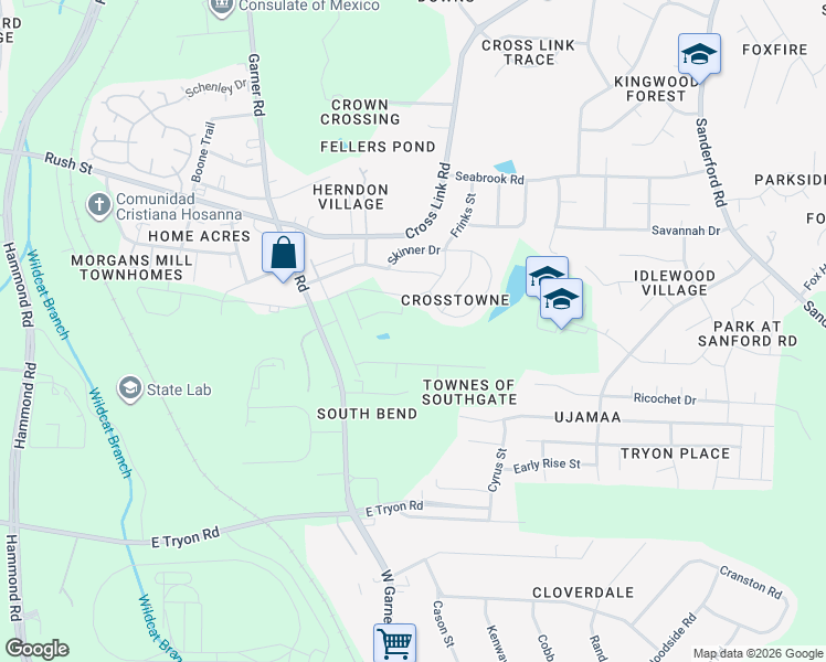 map of restaurants, bars, coffee shops, grocery stores, and more near 3115 Garner Road in Raleigh