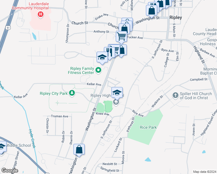 map of restaurants, bars, coffee shops, grocery stores, and more near 201 Orange Street in Ripley