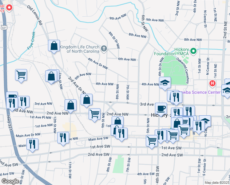 map of restaurants, bars, coffee shops, grocery stores, and more near 341 8th Street Northwest in Hickory