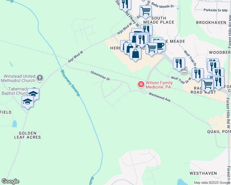 map of restaurants, bars, coffee shops, grocery stores, and more near 3721 Stonehenge Lane West in Wilson