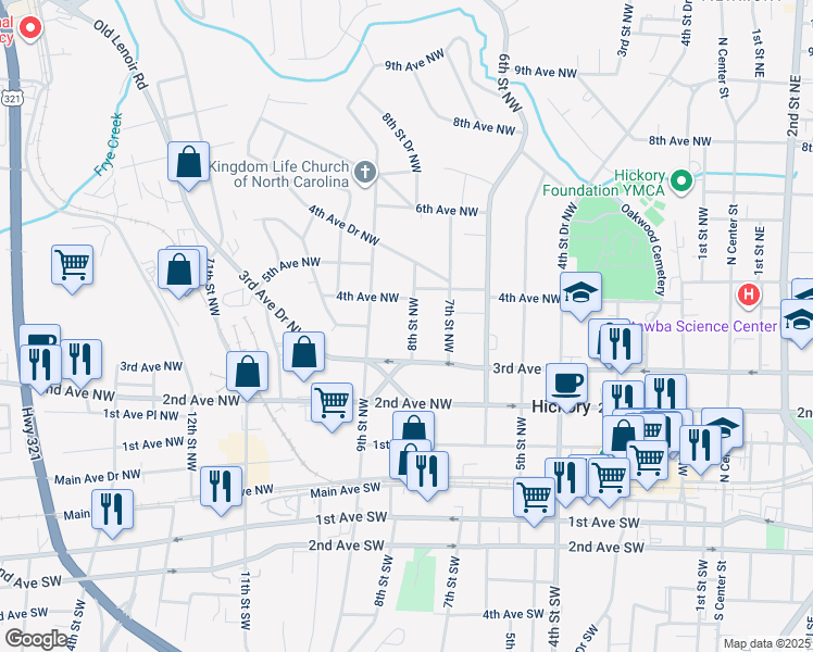 map of restaurants, bars, coffee shops, grocery stores, and more near 341 8th Street Northwest in Hickory