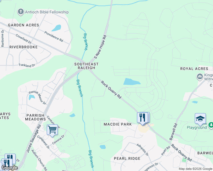map of restaurants, bars, coffee shops, grocery stores, and more near 5471 Rock Quarry Road in Raleigh